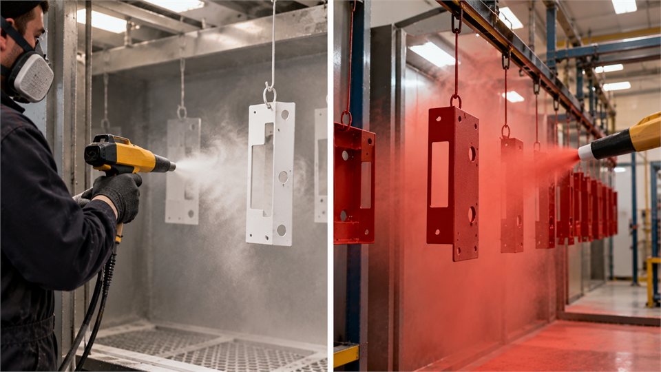 Pulverbeschichtungspistole beim Beschichten eines Metallbauteils in einer Kabine.