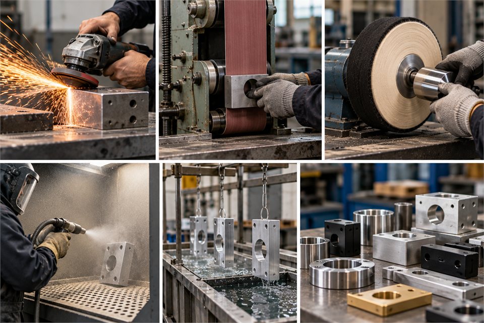 Metalloberflächenbearbeitung mit Schleifen, Polieren und Strahlen.